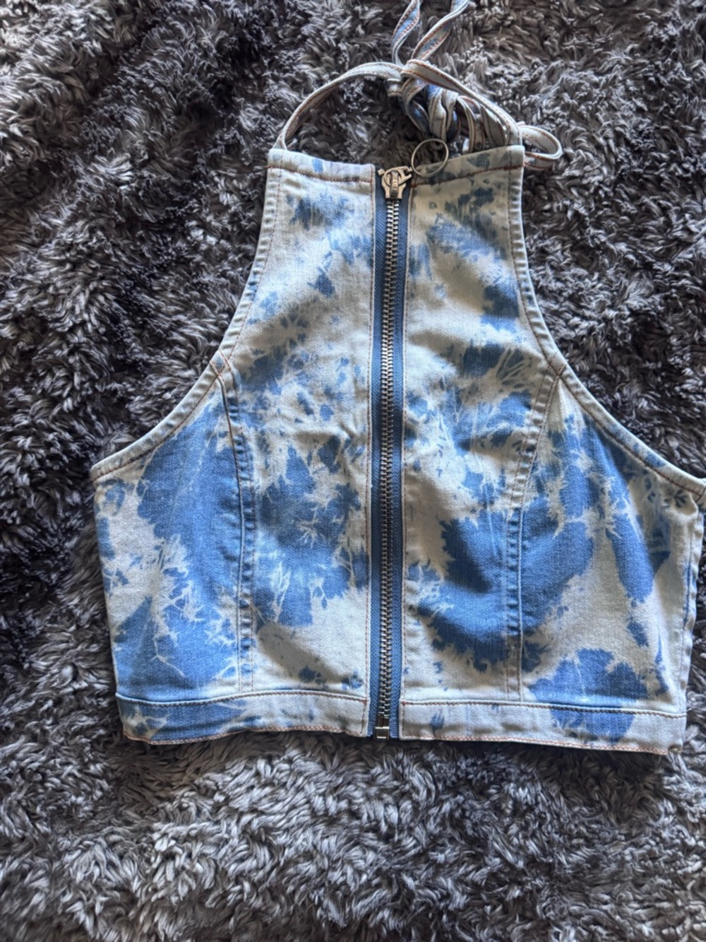 Tie-Dye Denim Halter Crop Top with Front Zip